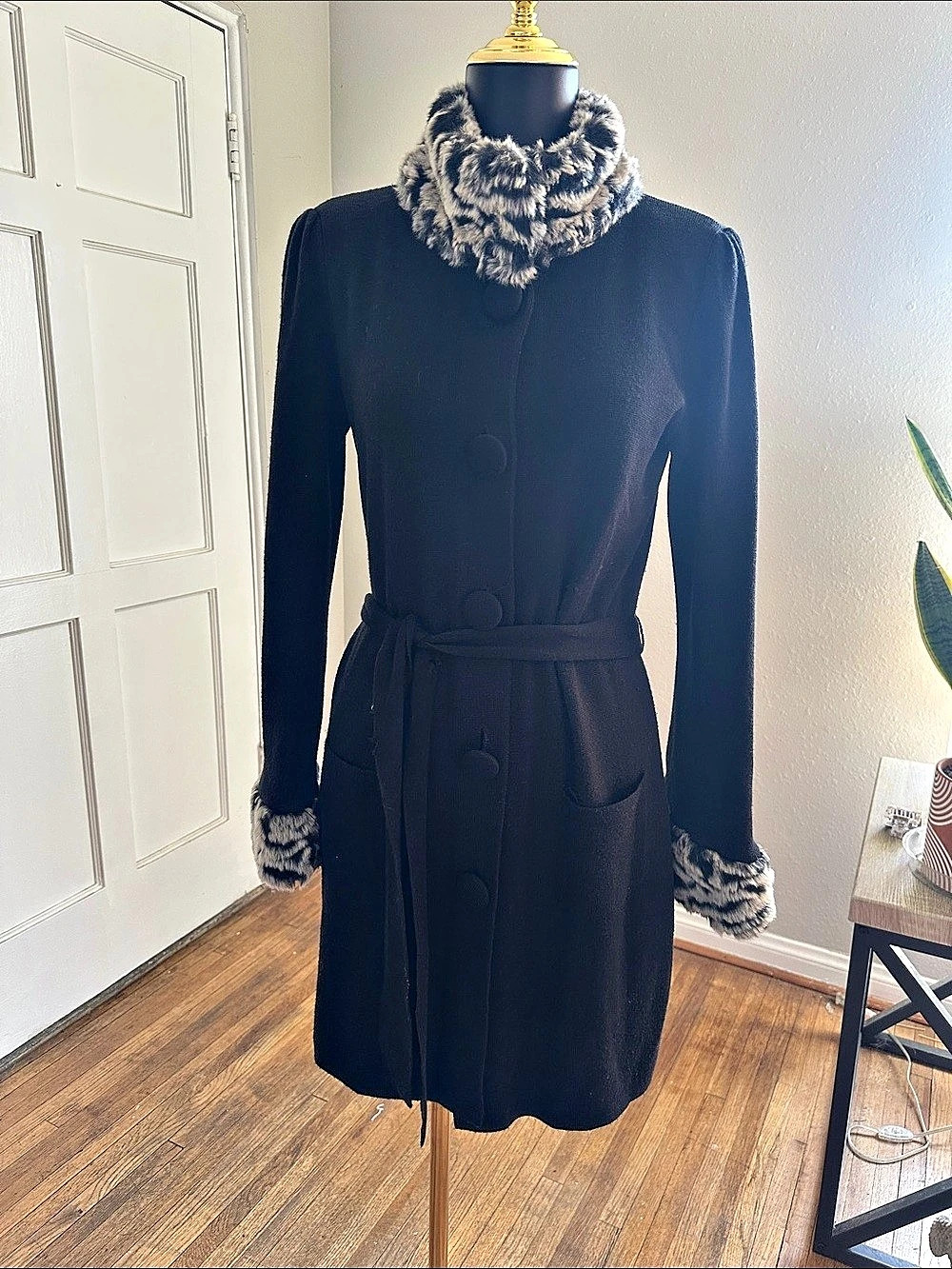Vintage Black Belted Coat with Faux Fur Trim Like New